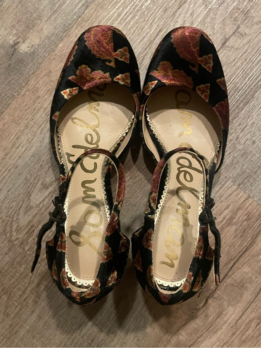 Sam Edelman Clover Velvet Floral Block Heel Pumps Ankle Strap / Size: 8
